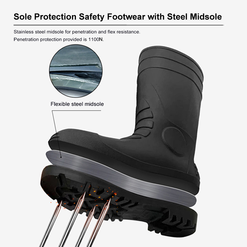 รองเท้าบูทกันฝน PVC นิรภัย CE ASTM AS/NZS พร้อมหัวเหล็กและพื้นรองเท้าชั้นกลาง